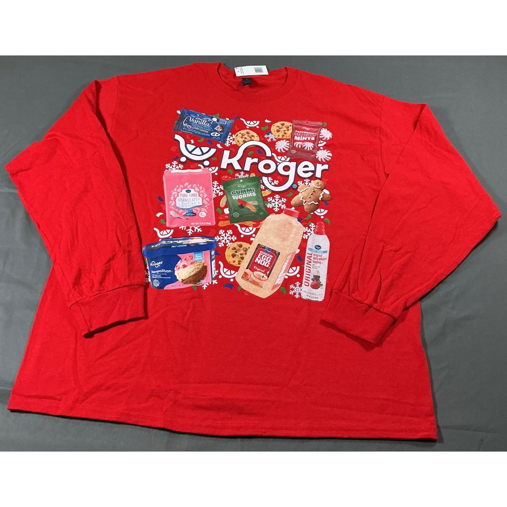 Kroger Ugly Christmas Long Sleeve Graphic T-Shirt Red Holiday Egg Nog XL NWT